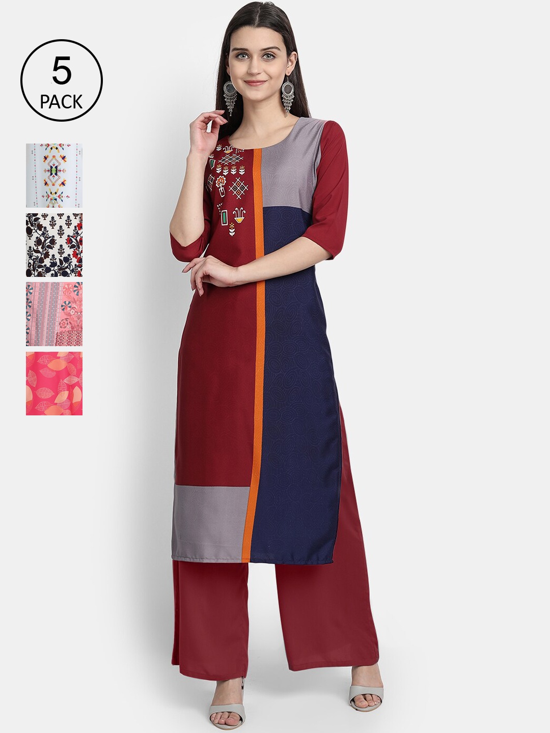 

Ethnic basket Women Pack of 5 Maroon & Navy Blue Ethnic Motifs Printed Crepe Kurtas