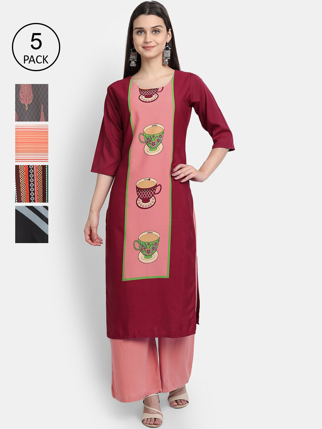 

Ethnic basket Women Pack Of 5 Printed Crepe Kurta, Maroon