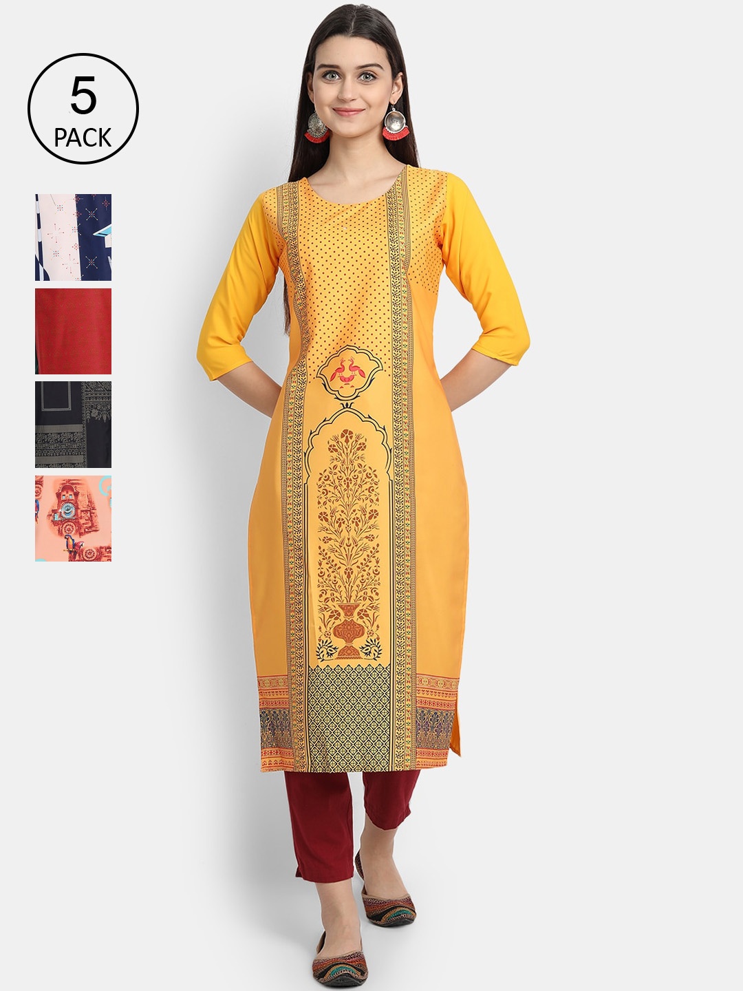 

Ethnic basket Women Multicoloured Set Of 5 Ethnic Motifs Printed Crepe Kurta, Multi