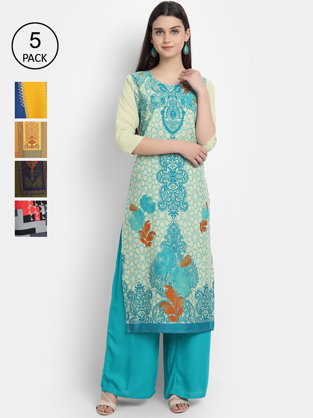 

Ethnic basket Women Set Of 5 Multicoloured Floral Printed Crepe Kurta, Multi