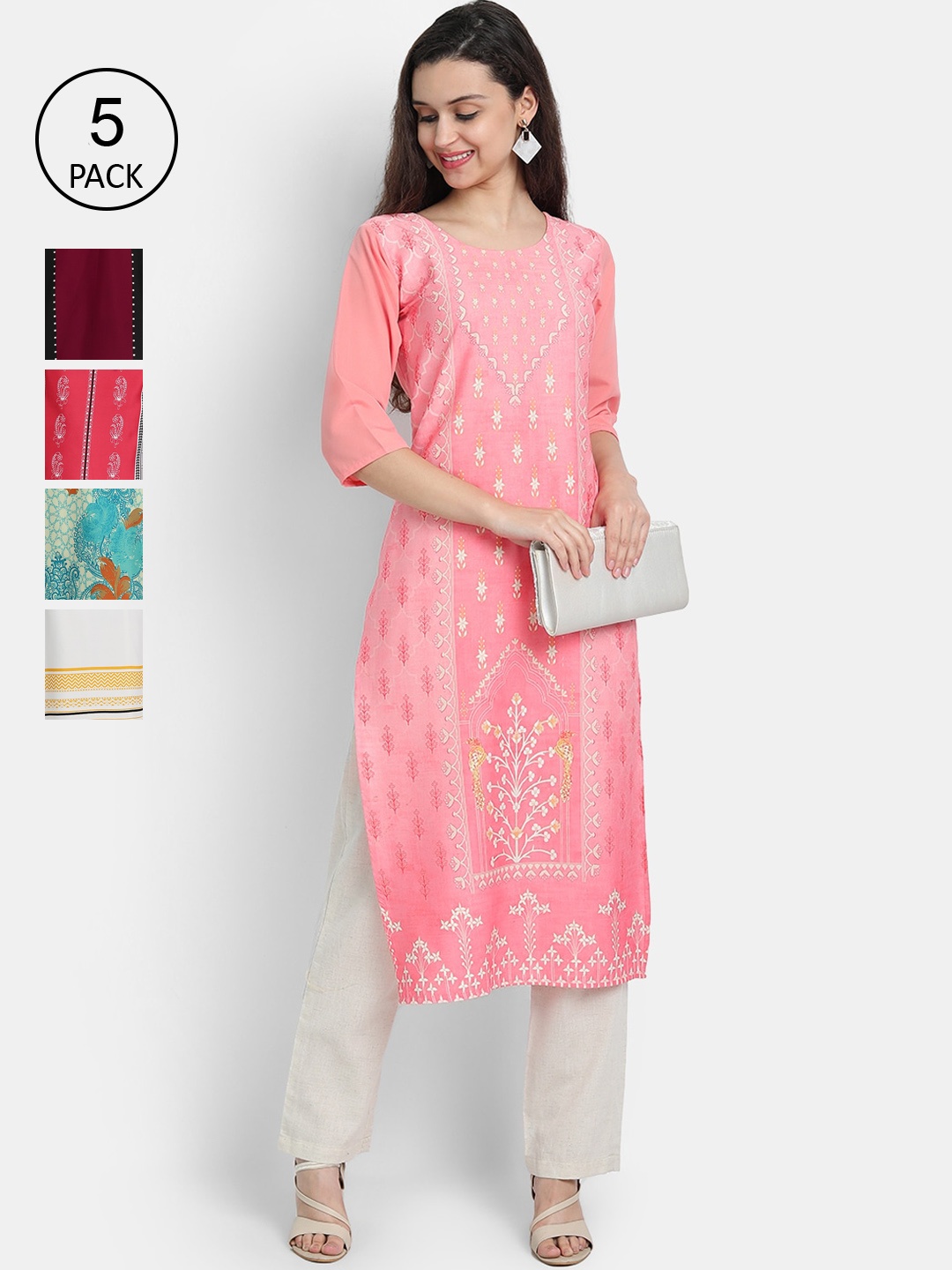 

Ethnic basket Women Pack of 5 Multicoloured Ethnic Motifs Printed Crepe Kurtas, Multi