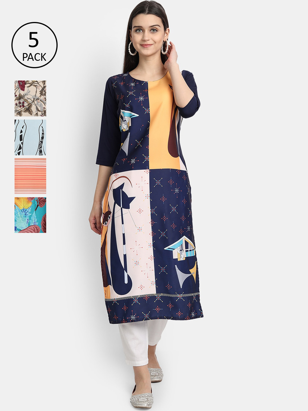 

Ethnic basket Women Pack Of 5 Digital Printed Crepe Kurta, Blue