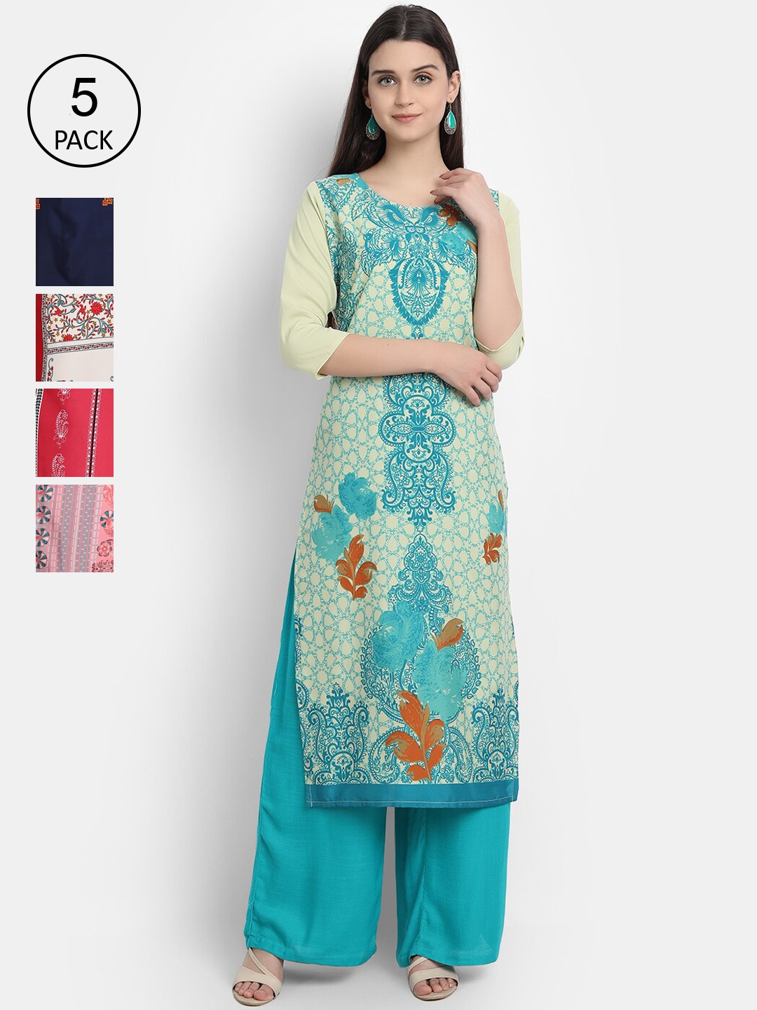 

Ethnic basket Women Pack of 5 Blue & Peach-Coloured Floral Printed Crepe Kurtas