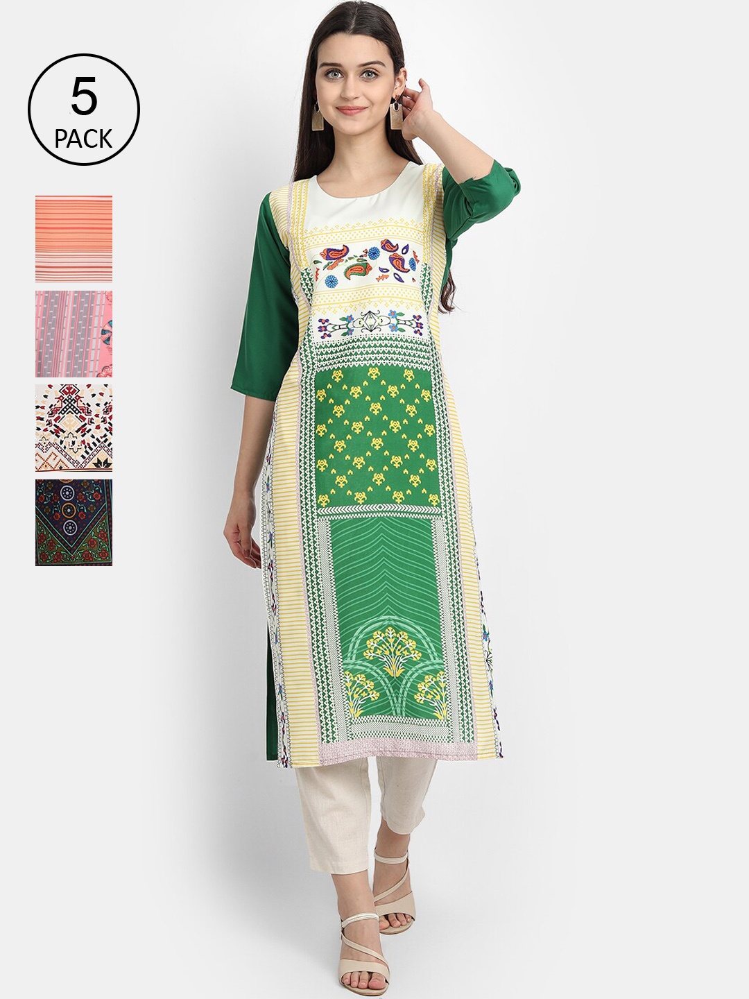 

Ethnic basket Women Pack Of 5 Digital Printed Crepe Kurta, Green