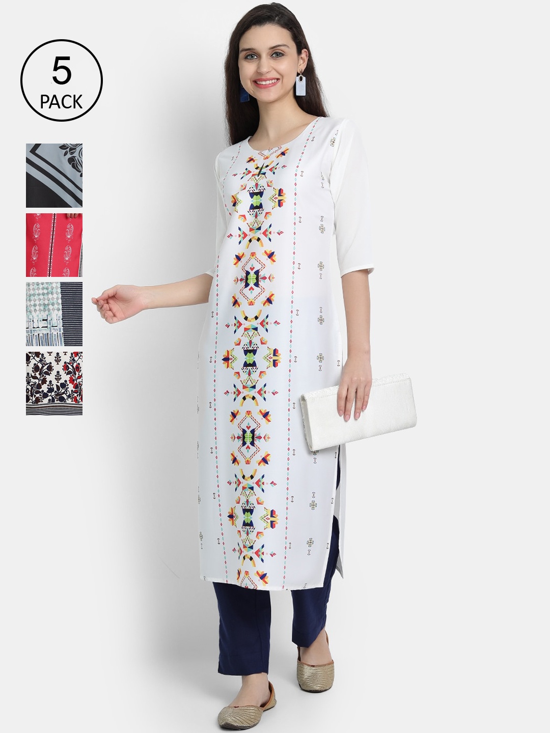 

Ethnic basket Women Pack of 5 White & Black Floral Printed Crepe Kurtas