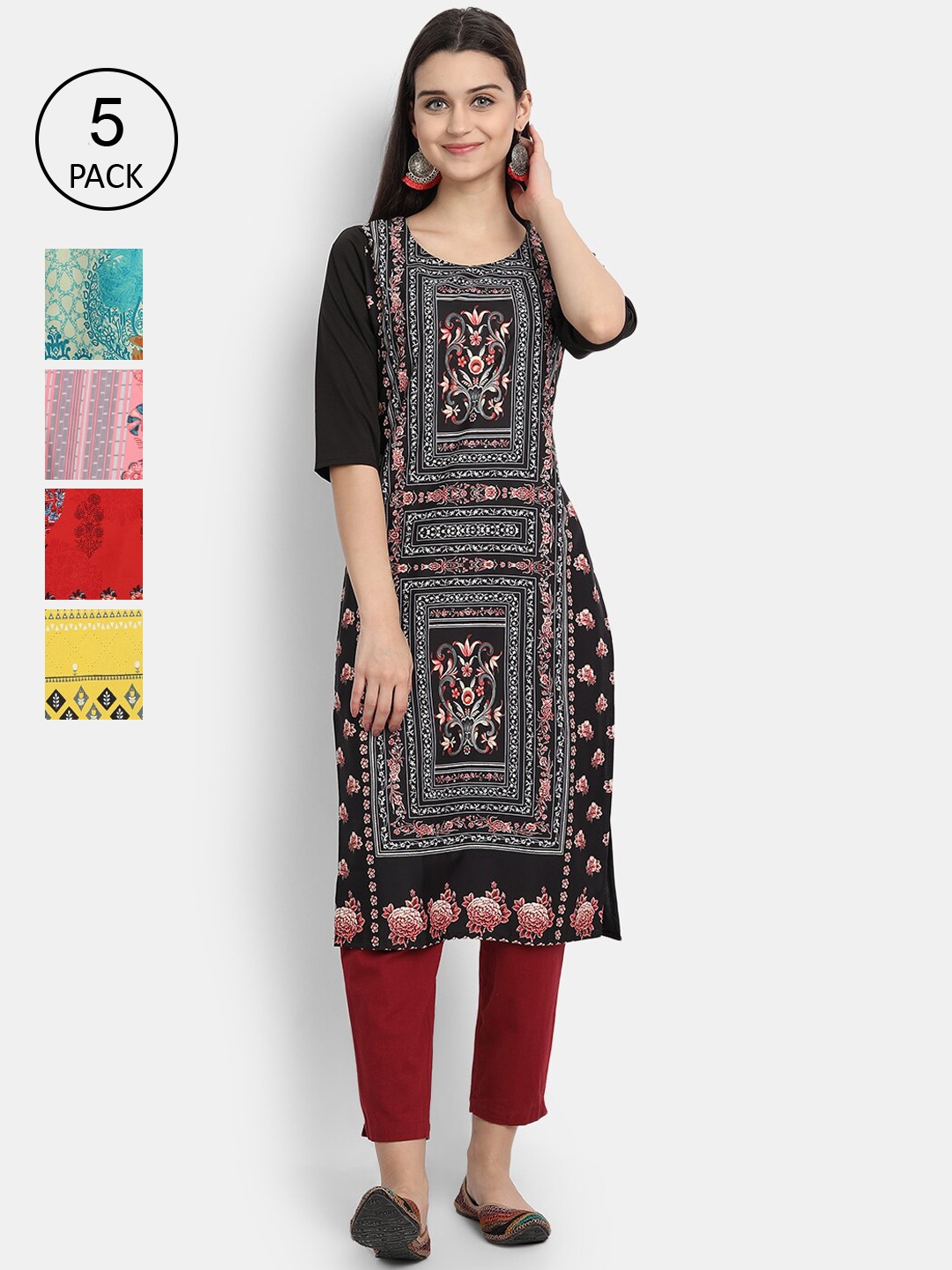 

Ethnic basket Women Pack Of 5 Digital Printed Crepe Kurta, Pink