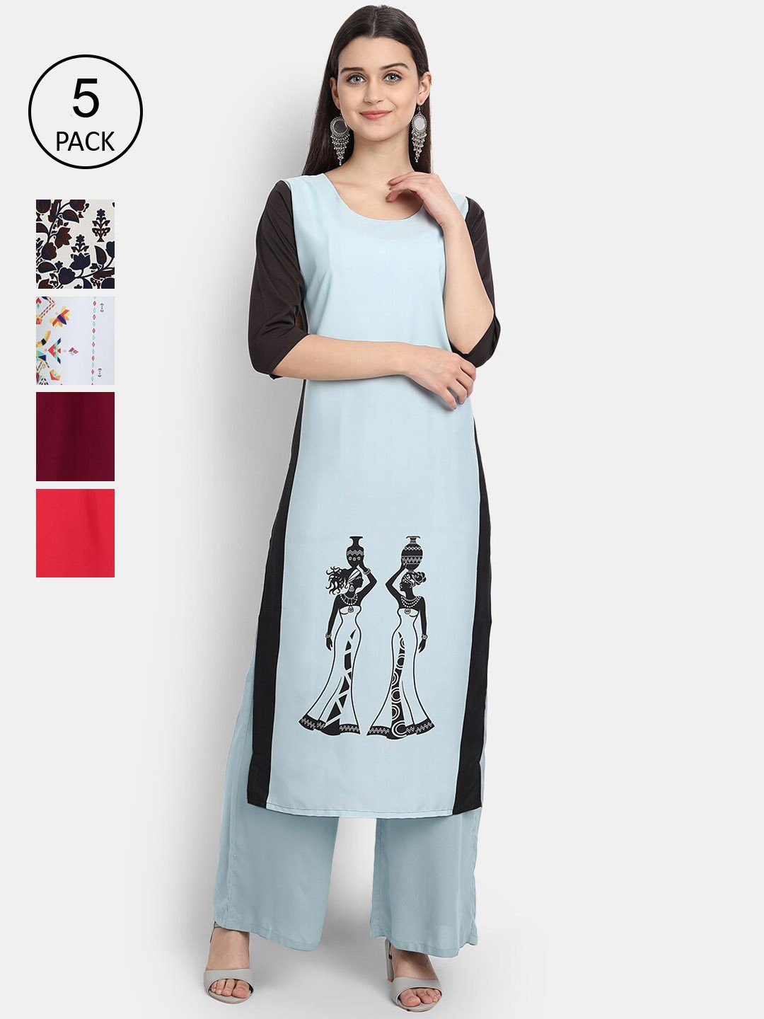 

Ethnic basket Women Set Of 5 Multicoloured Ethnic Motifs Printed Crepe Kurta, Multi