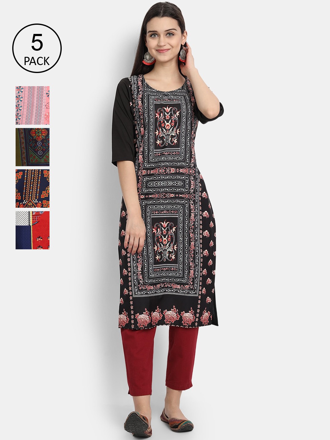 

Ethnic basket Women Navy Blue & Green Ethnic Motifs Printed Crepe Kurta Pack Of 5