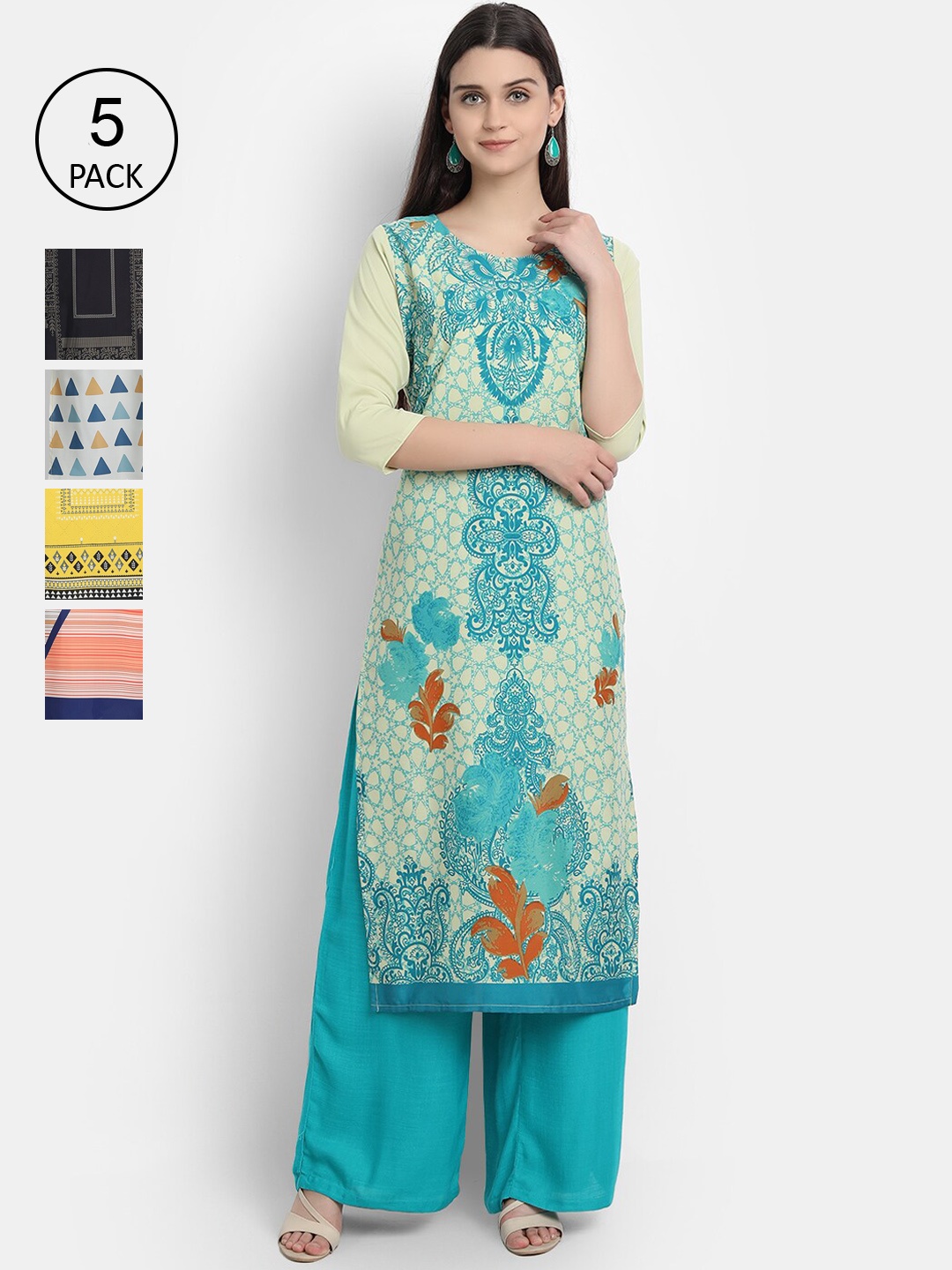 

Ethnic basket Women Multicoloured Set Of 5 Ethnic Motifs Printed Crepe Kurta, Multi