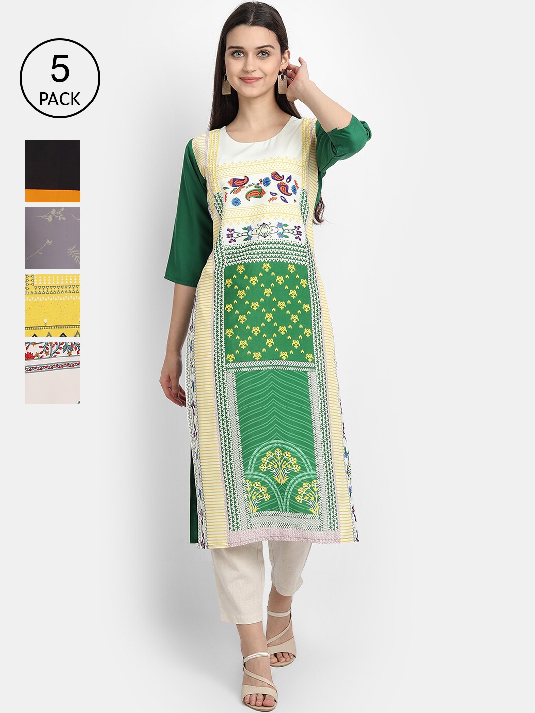 

Ethnic basket Women Pack Of 5 Digital Printed Crepe Kurta, Green