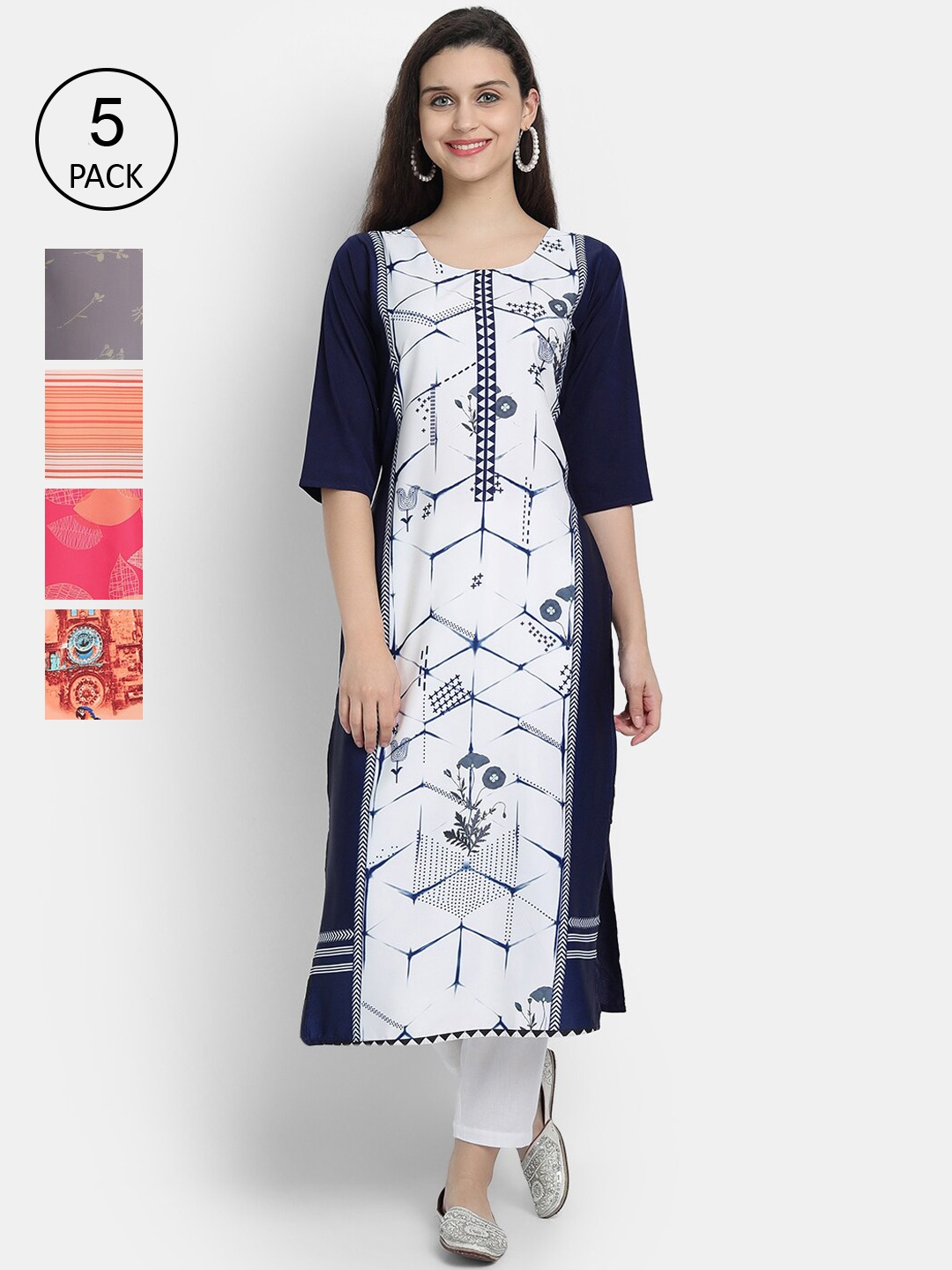 

Ethnic basket Women Pack of 5 White & Peach-Coloured Floral Printed Crepe Kurtas