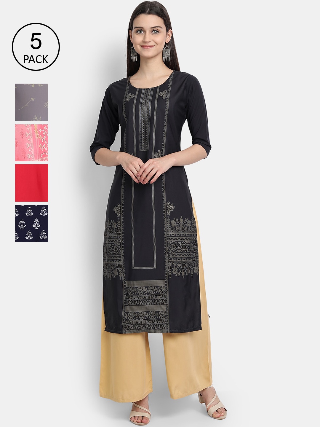 

Ethnic basket Women Grey & Red Printed Crepe Kurta Pack Of 5