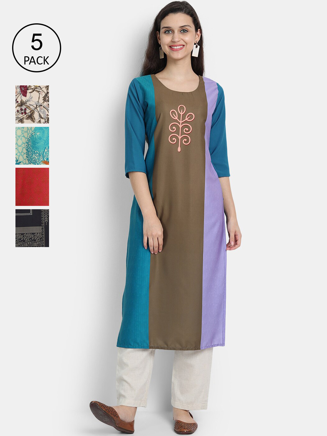 

Ethnic basket Women Pack Of 5 Digital Printed Crepe Kurta, Blue