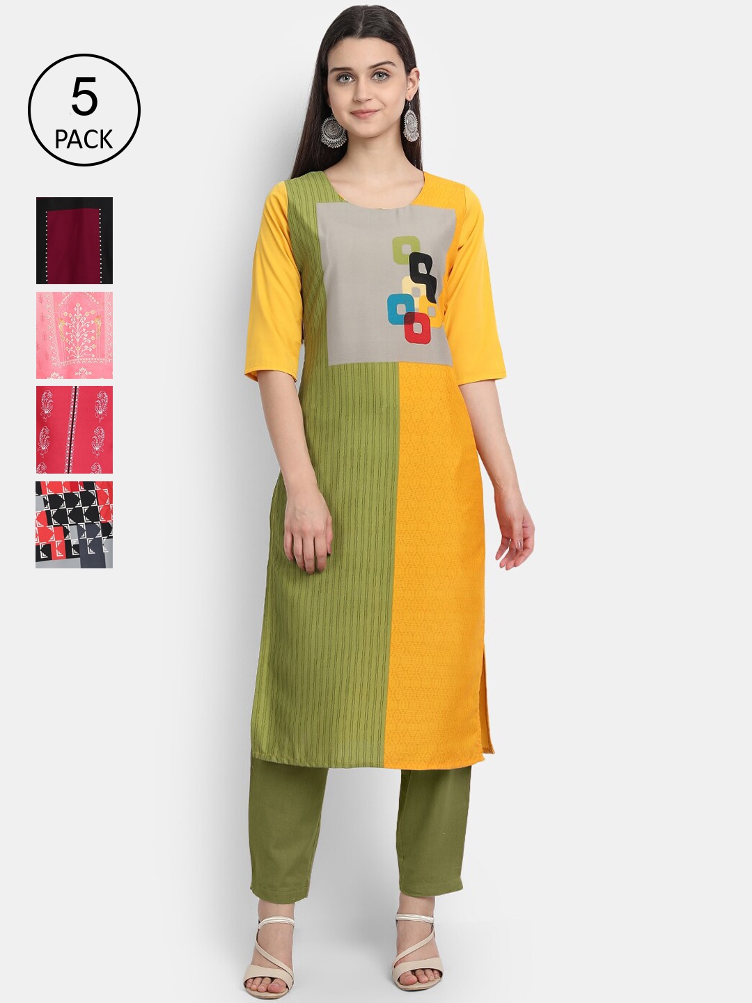 

Ethnic basket Women Multicoloured Set Of 5 Floral Printed Crepe Kurta, Multi