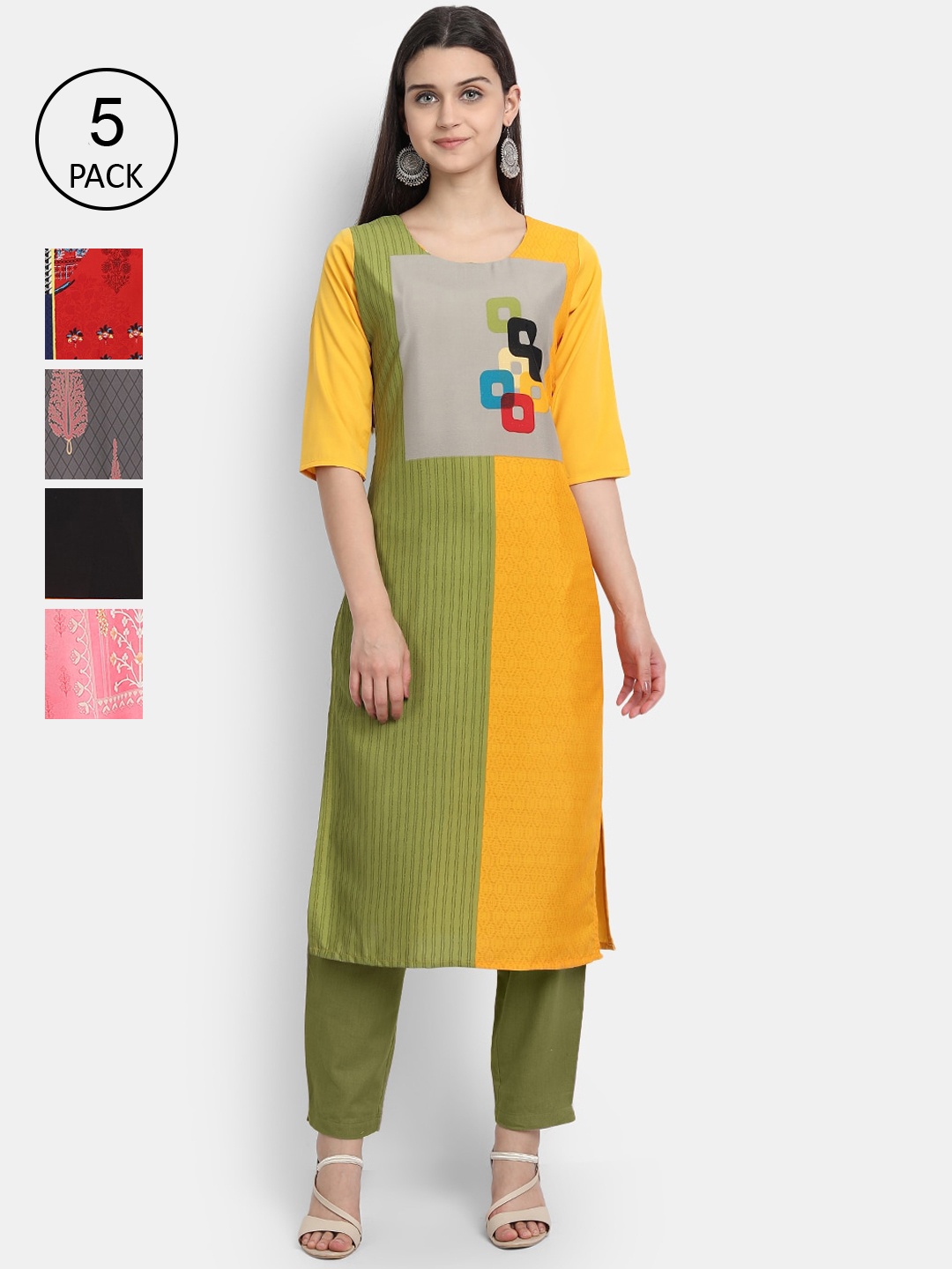 

Ethnic basket Women Multicoloured Set Of 5 Floral Crepe Kurta, Multi