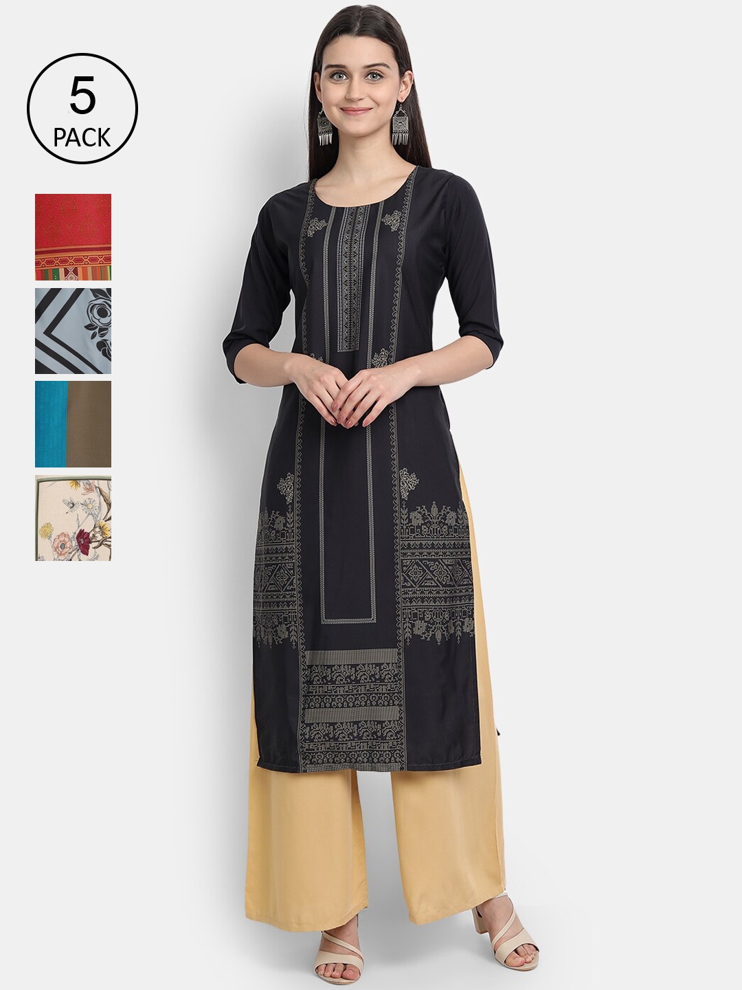 

Ethnic basket Women Beige & Black Printed Crepe Kurta Pack Of 5
