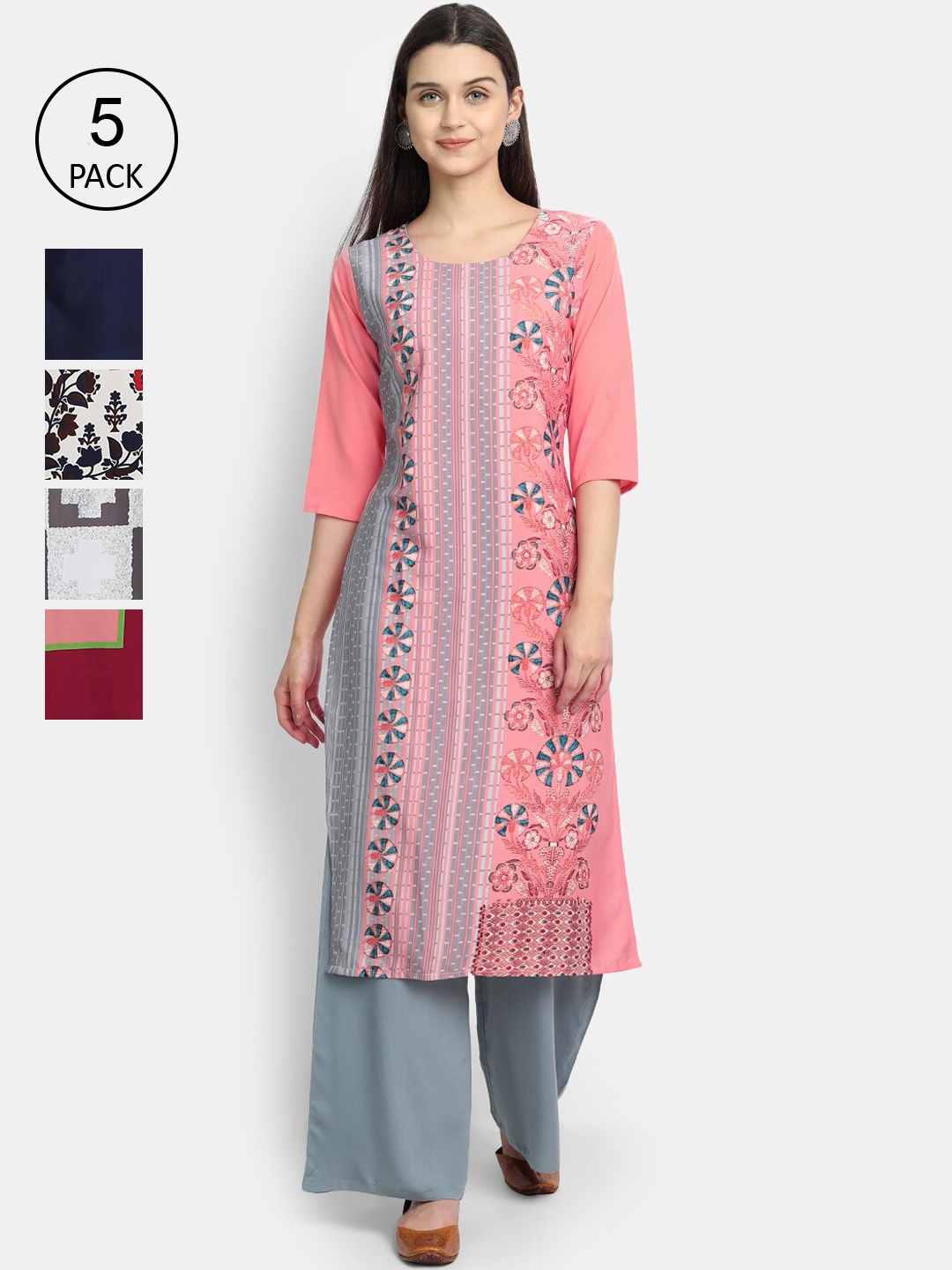 

Ethnic basket Peach-Coloured & Maroon Printed Crepe Kurta Pack Of 5
