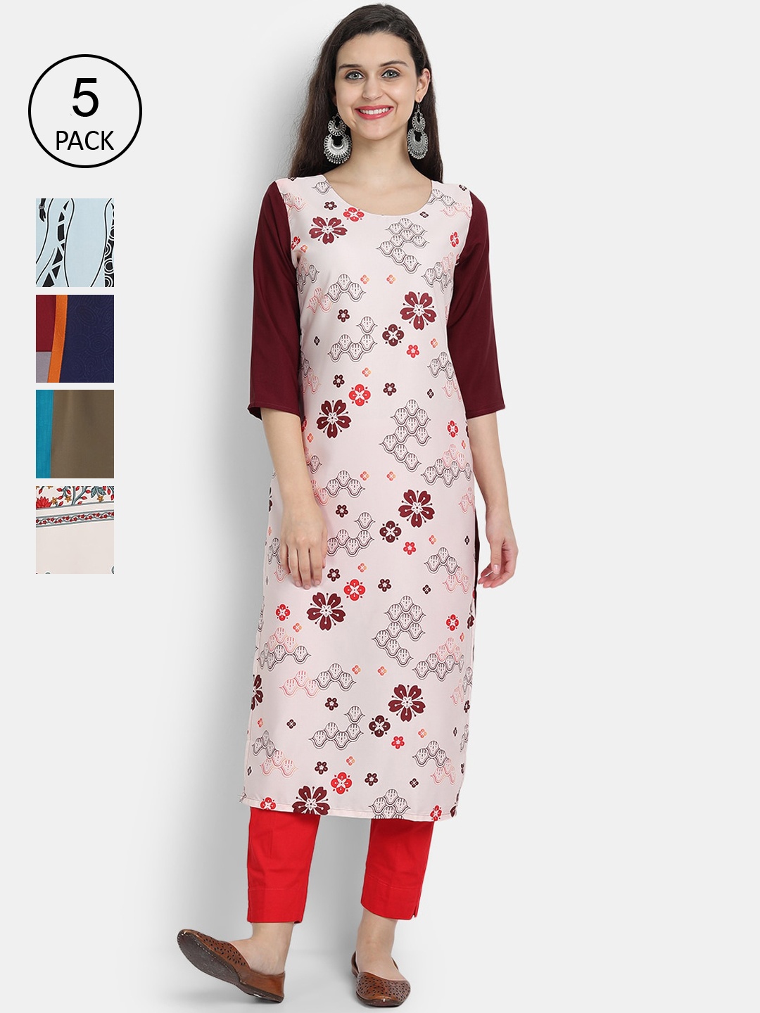 

Ethnic basket Women Set Of 5 Multicoloured Floral Printed Crepe Kurta, Multi