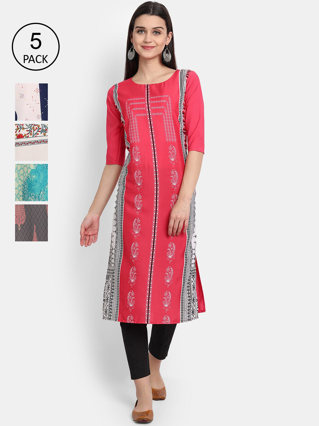 

Ethnic basket Women Multicoloured Set Of 5 Ethnic Motifs Printed Crepe Kurta, Multi