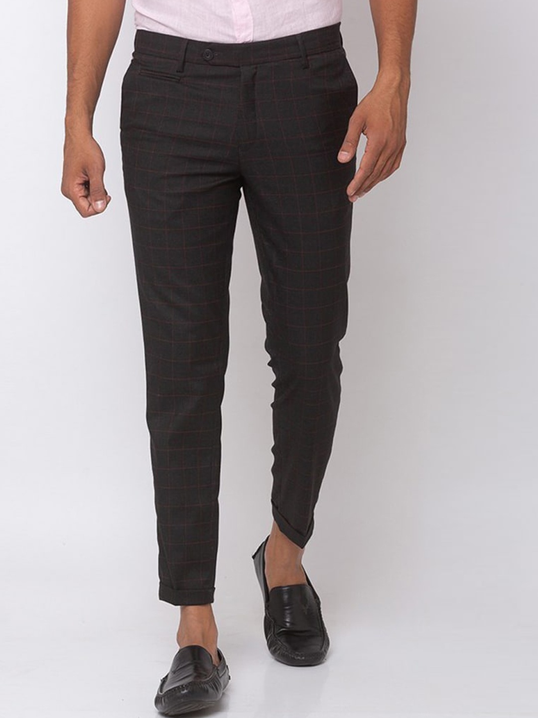 

SPYKAR Men Red Checked Smart Slim Fit Cotton Trousers