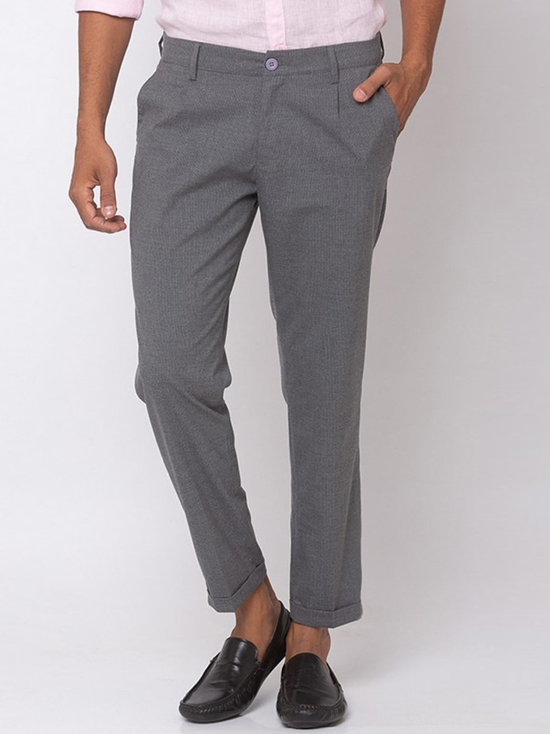 

SPYKAR Men Grey Smart Slim Fit Cropped Cotton Trousers
