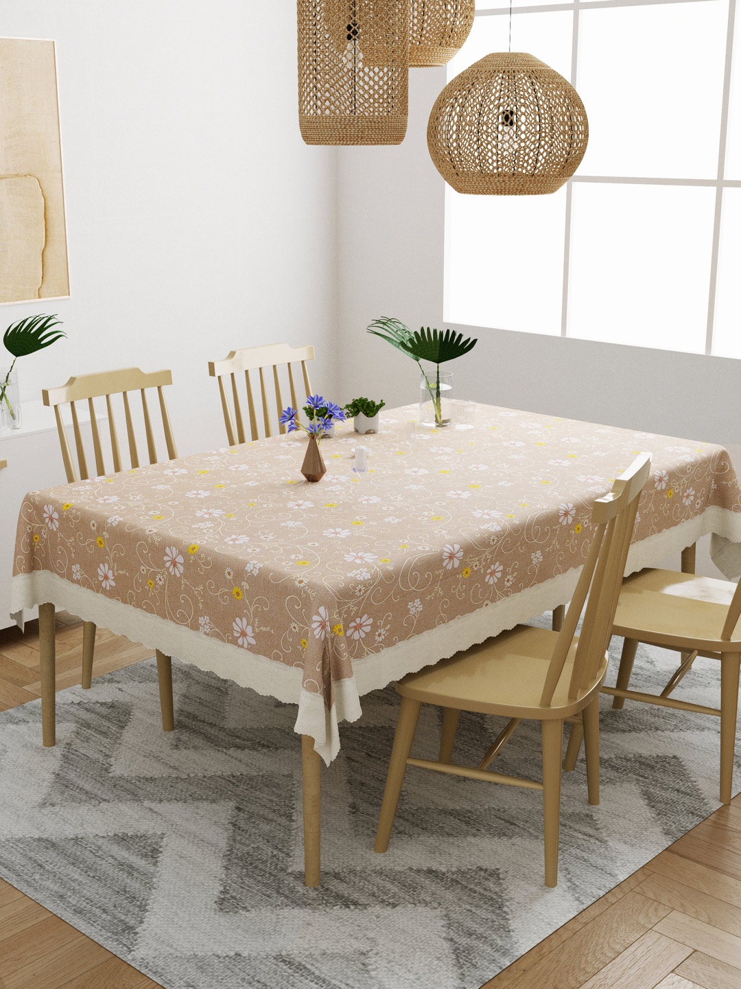 

DREAM WEAVERZ Beige & White Printed 4-Seater Table Cover