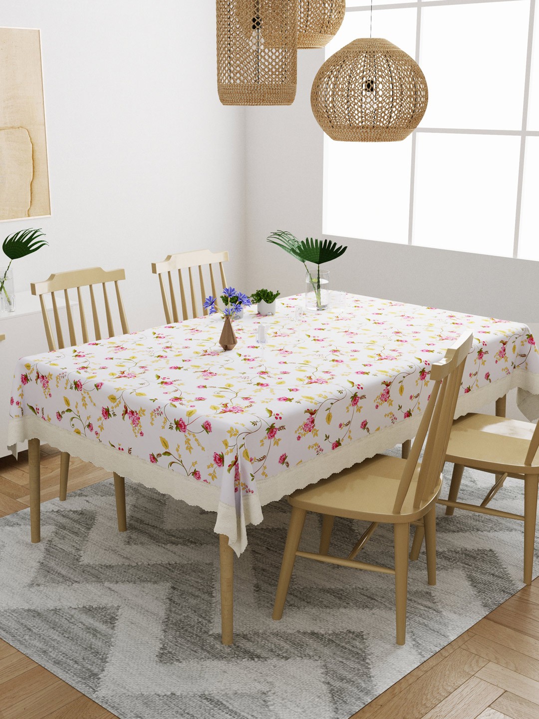 

DREAM WEAVERZ White & Pink Floral Printed 4 Seater Table Cover
