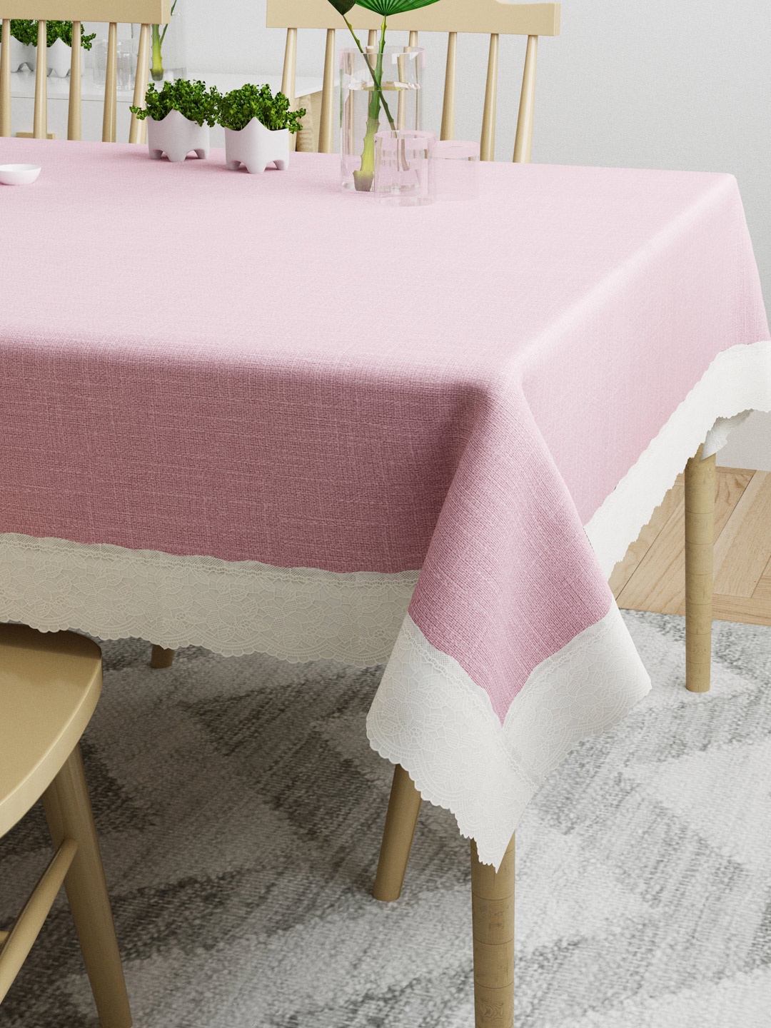 

DREAM WEAVERZ Pink & White Solid Rectangle 4 Seater Dining Table Cover