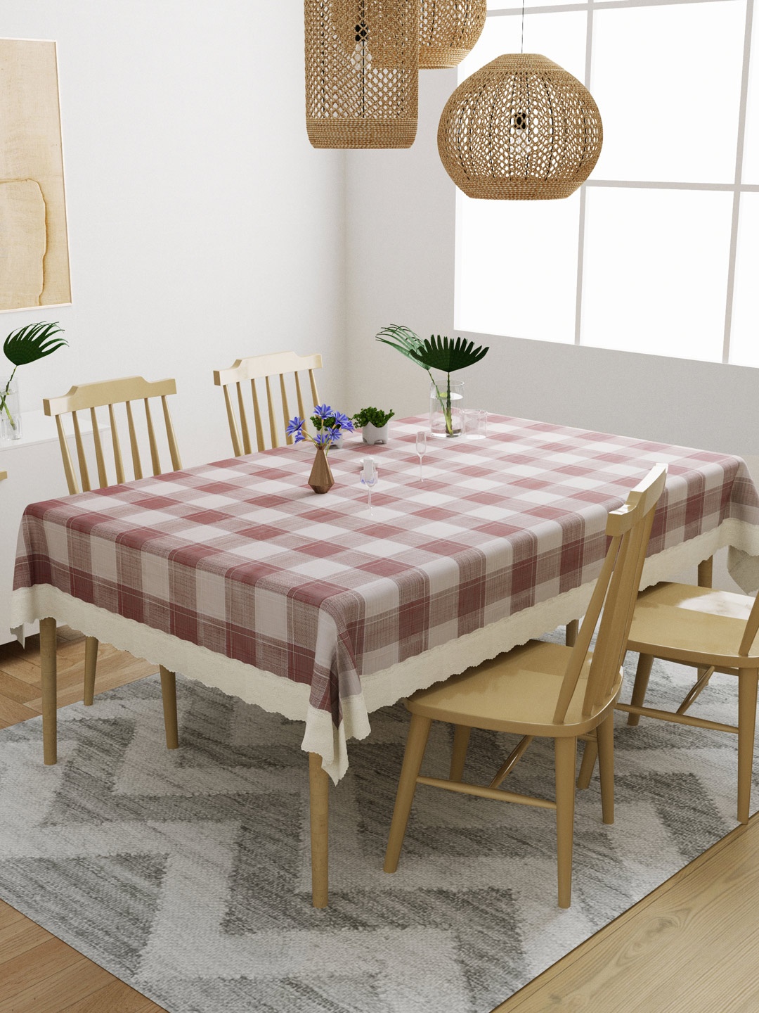 

DREAM WEAVERZ Cream-Coloured & Maroon Checked 4-Seater Table Cover