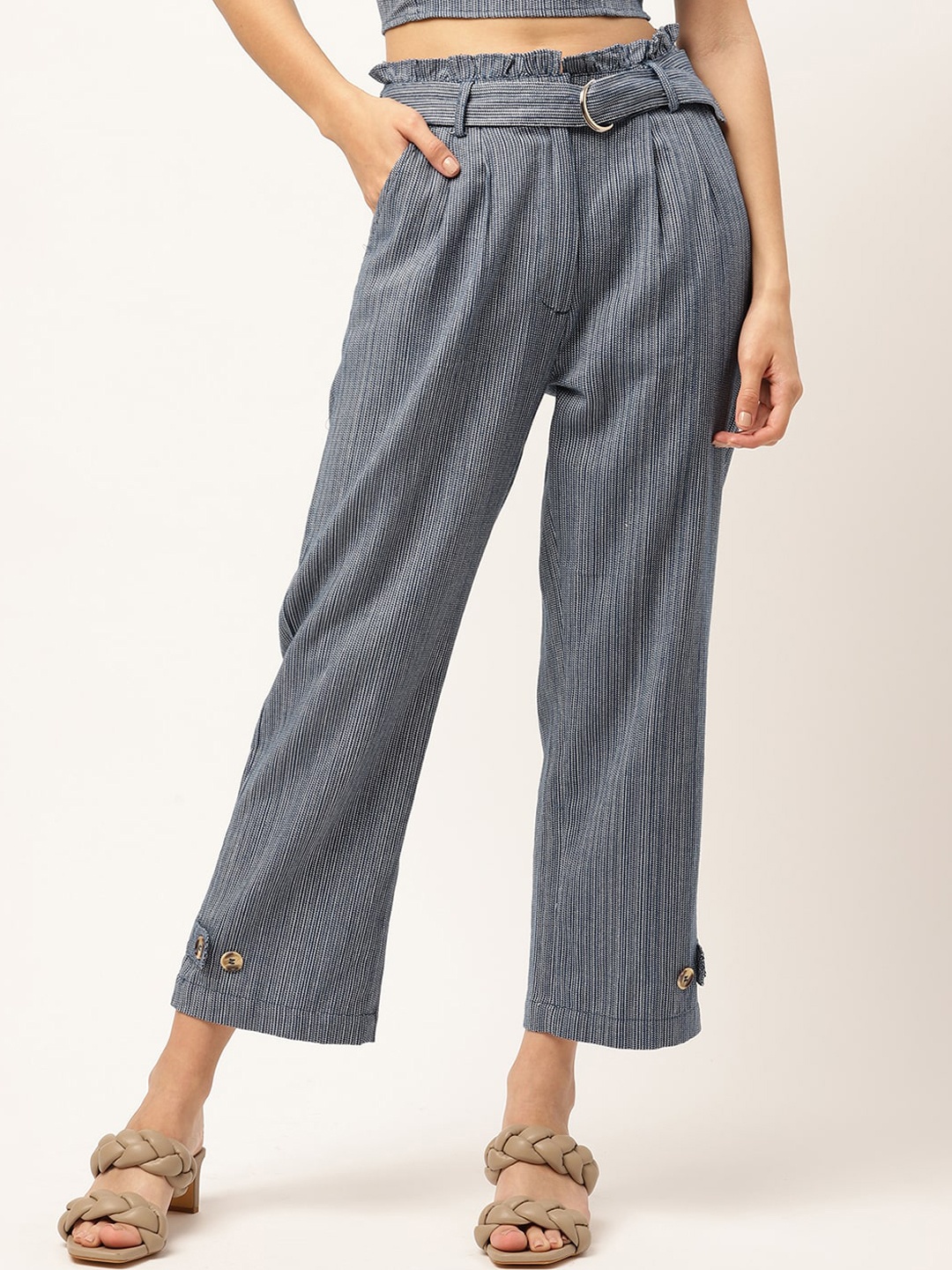 

ELLE Women Blue Striped Pleated Trousers