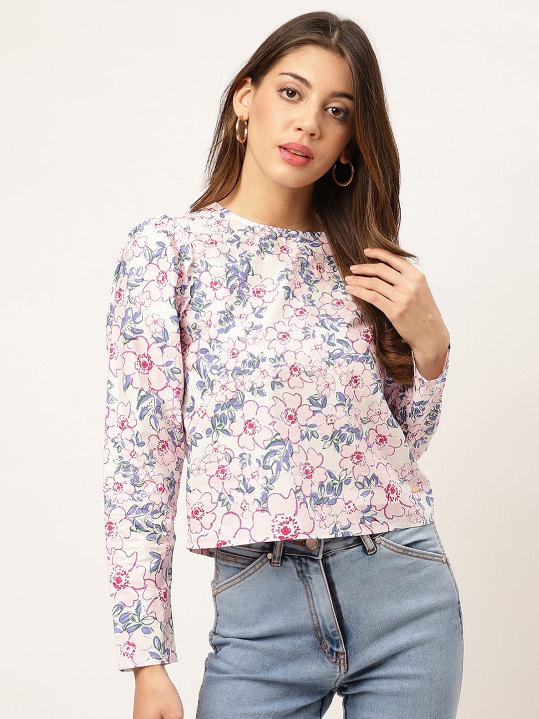 

ELLE Pink Floral Printed Round Neck Full Sleeves Pure Cotton Top
