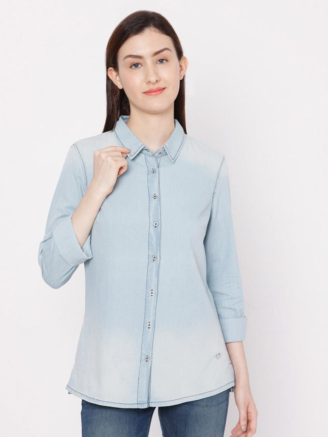

SPYKAR Women Blue Regular Fit Faded Cotton Casual Shirt