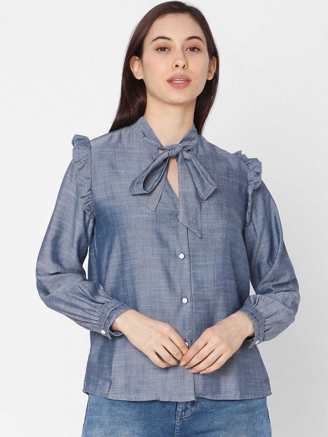 

SPYKAR Women Blue Tie-Up Neck Shirt Style Top