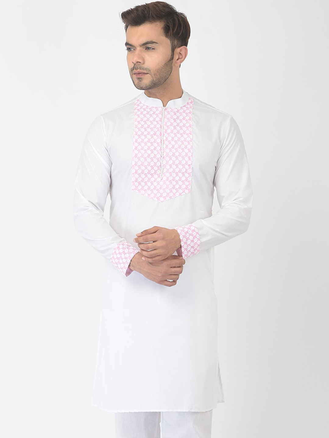 

DEYANN Men White & Pink Pure Cotton Thread Work Straight Kurta