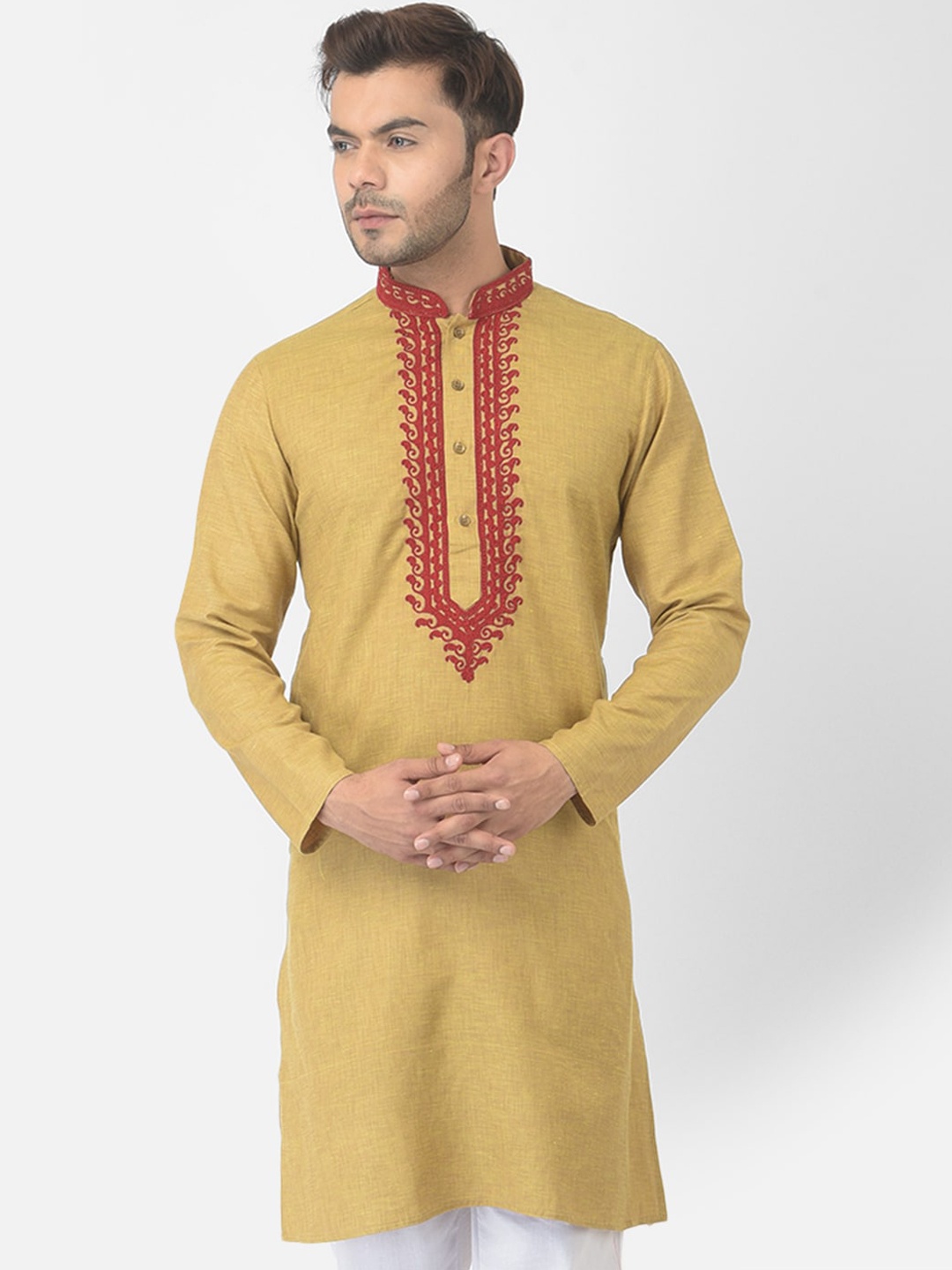 

DEYANN Men Green & Red Ethnic Motifs Embroidered Thread Work Kurta