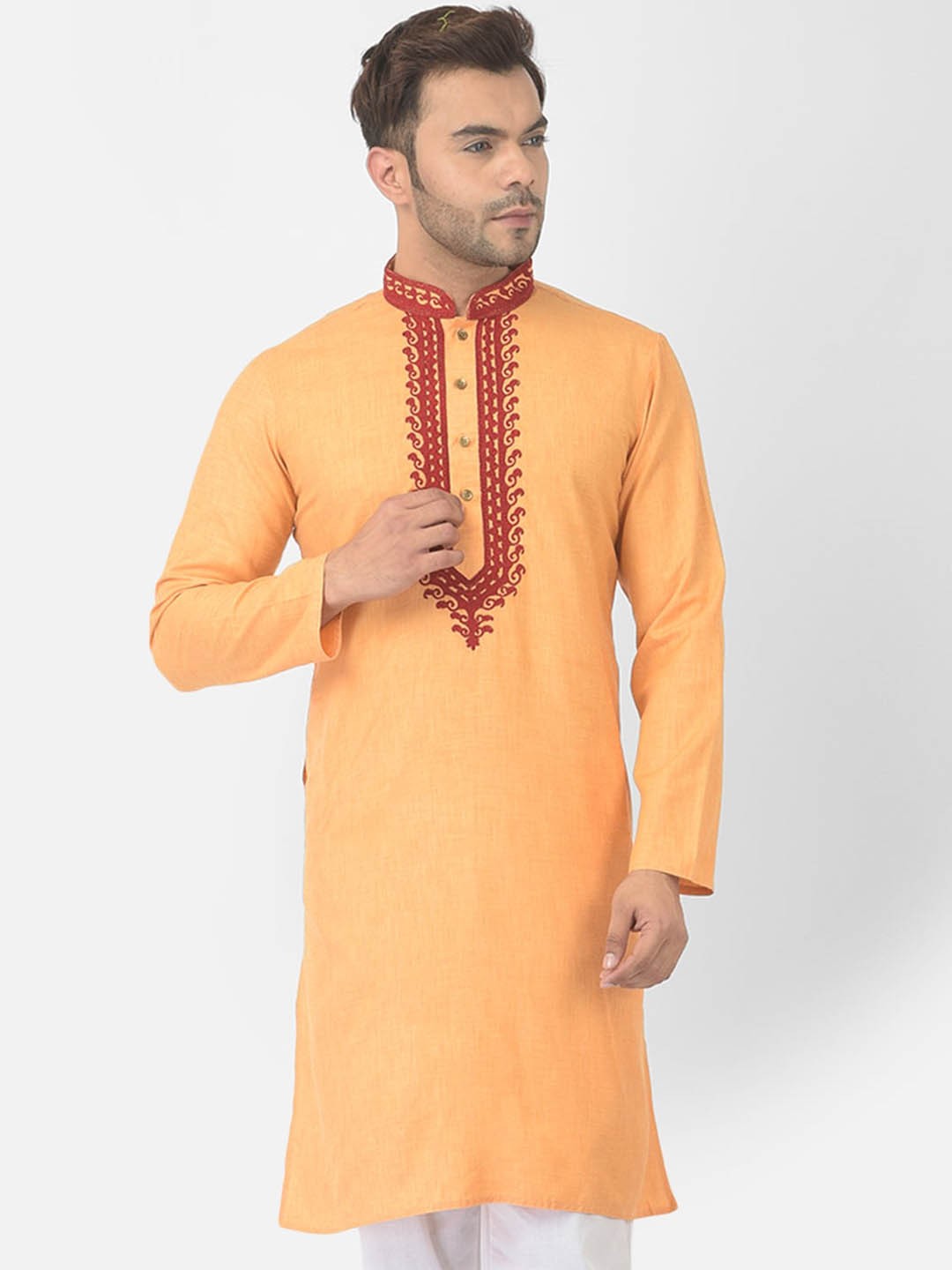 

DEYANN Men Yellow Yoke Design Thread Work Straight Kurta