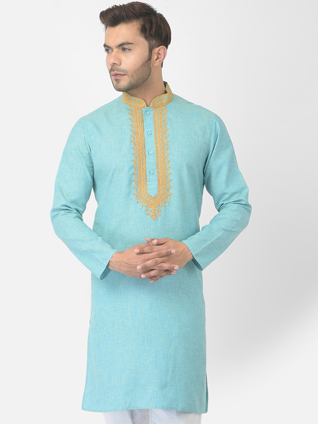 

DEYANN Men Blue & Yellow Embroidered Pure Cotton Kurta