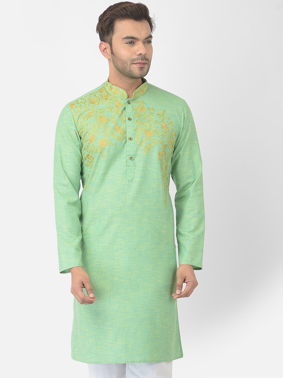 

DEYANN Men Green & Yellow Thread Work Kurta