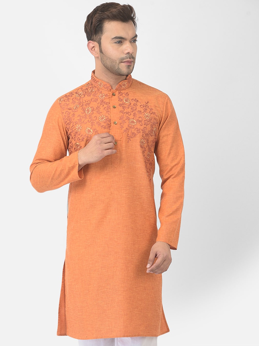

DEYANN Men Orange Embroidered Pure Cotton Thread Work Straight Kurta