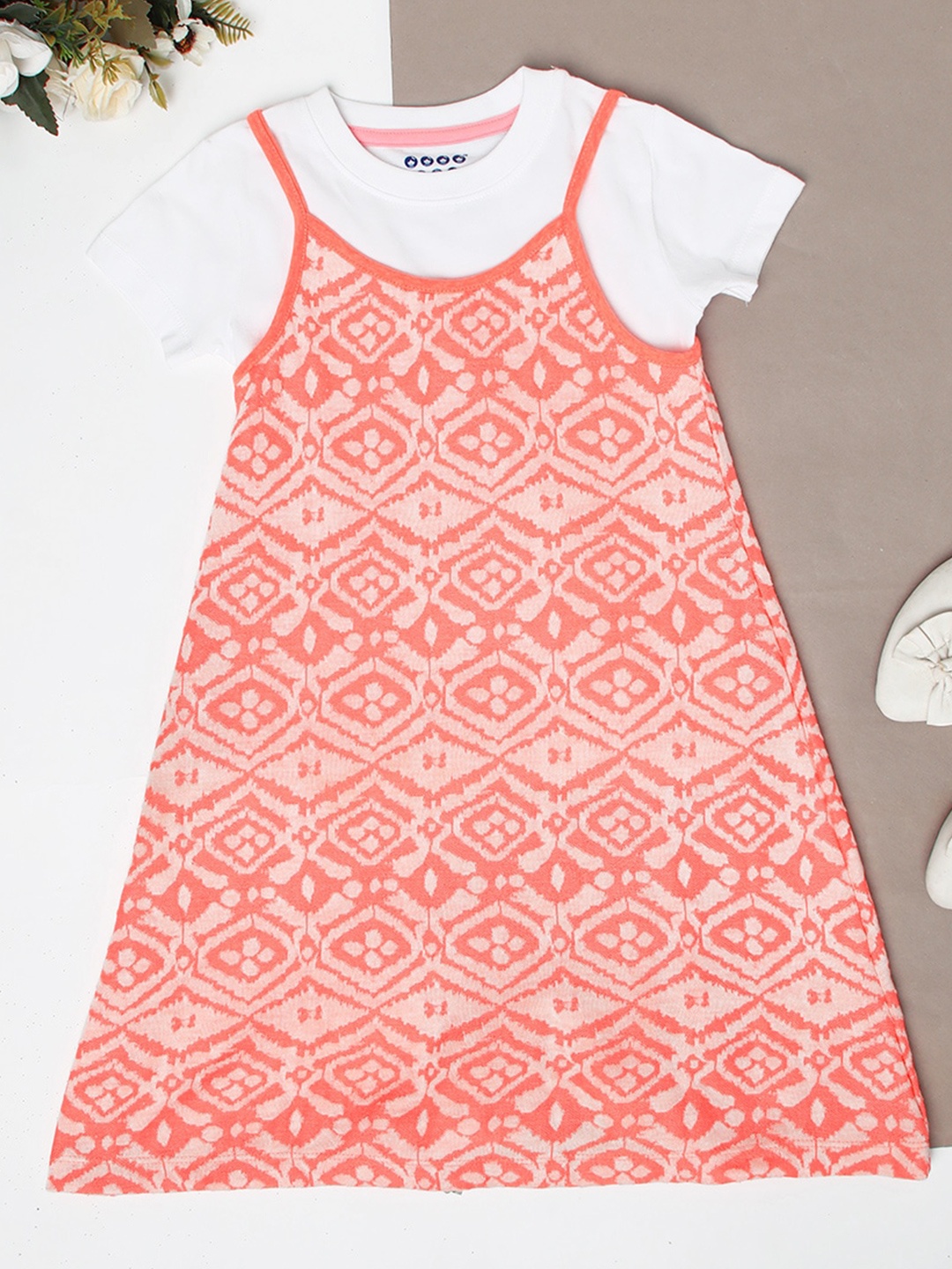 

ZION Girls Orange & White Printed Cotton A-Line Dress