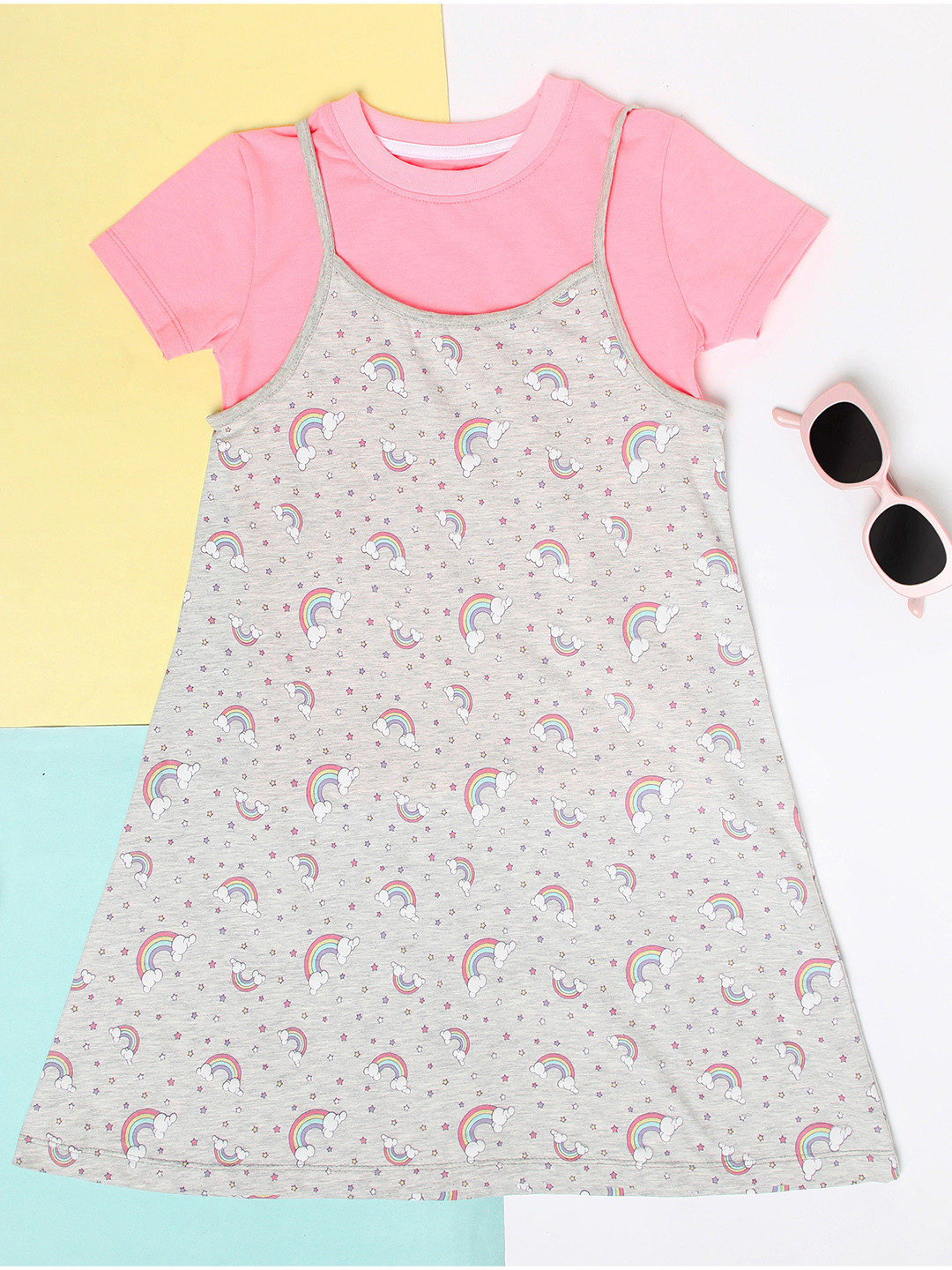 

ZION Girls Grey Melange & Pink Printed Pinafore Dress
