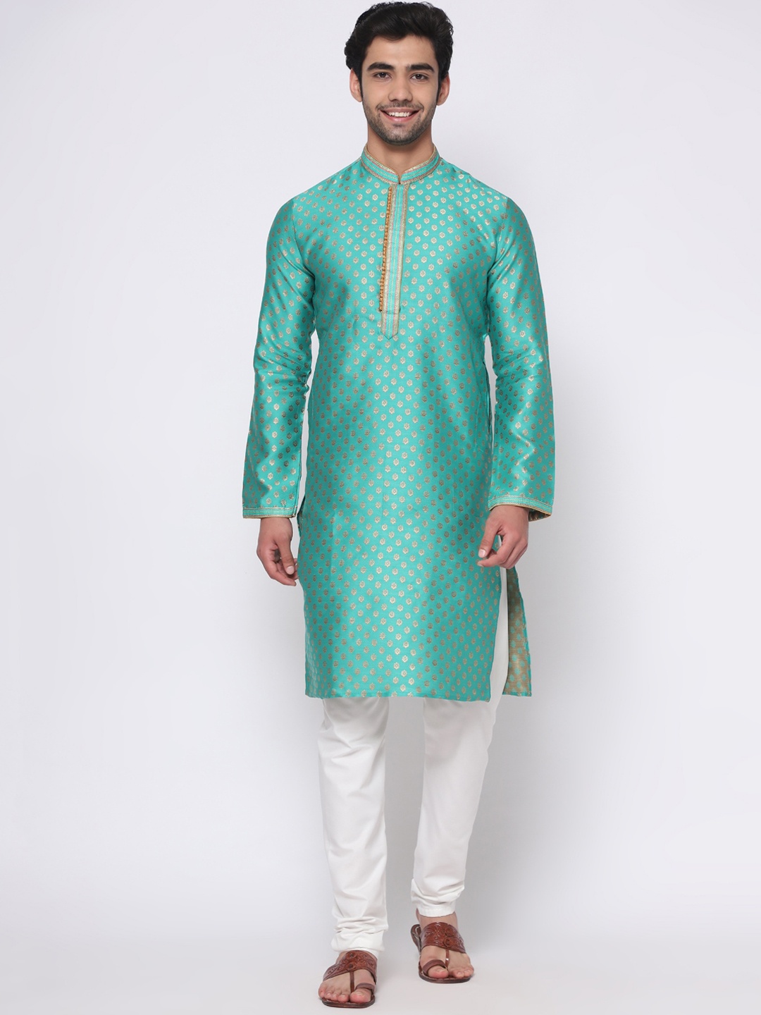 

GoStyle Men Sea Green Floral Pure Cotton Kurta with Churidar