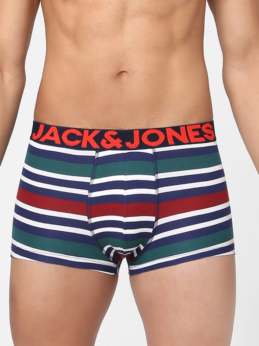 

Jack & Jones Men Navy Blue & Green Striped Trunk