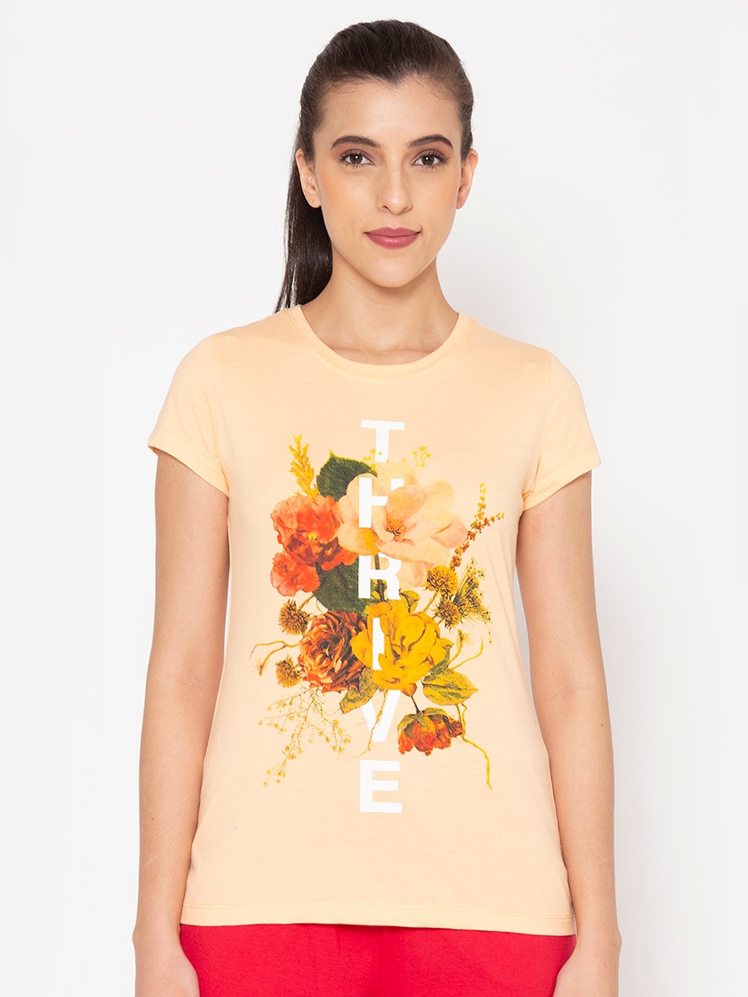 

BODYACTIVE Peach-Coloured Floral Printed Cotton T-shirt