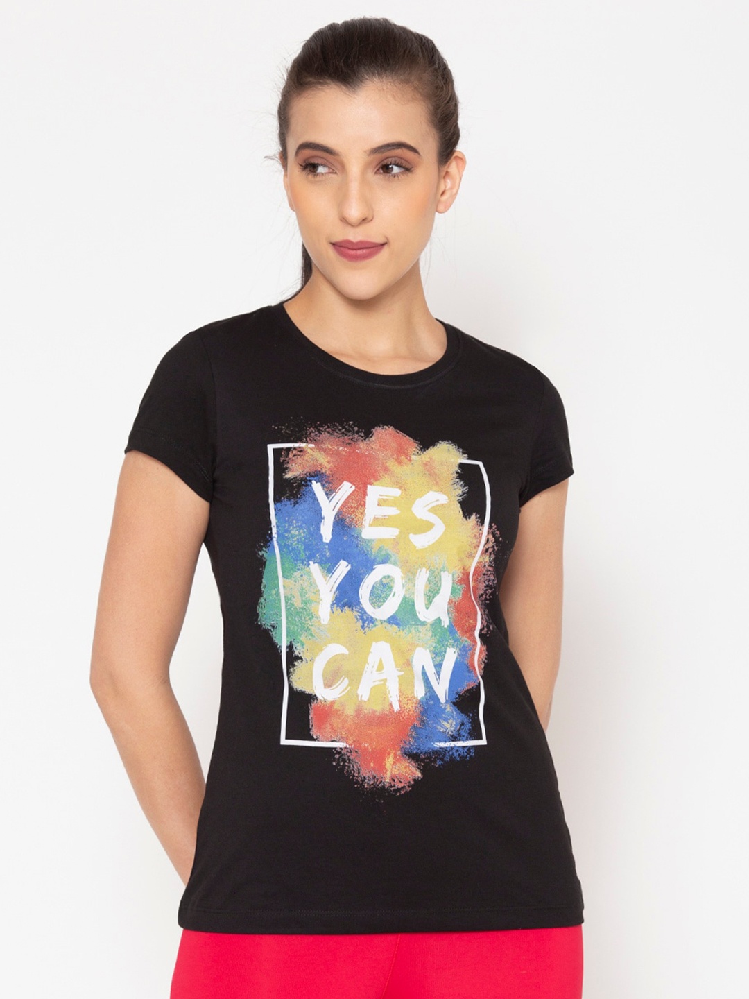 

BODYACTIVE Women Black Typography Printed Slim Fit T-shirt