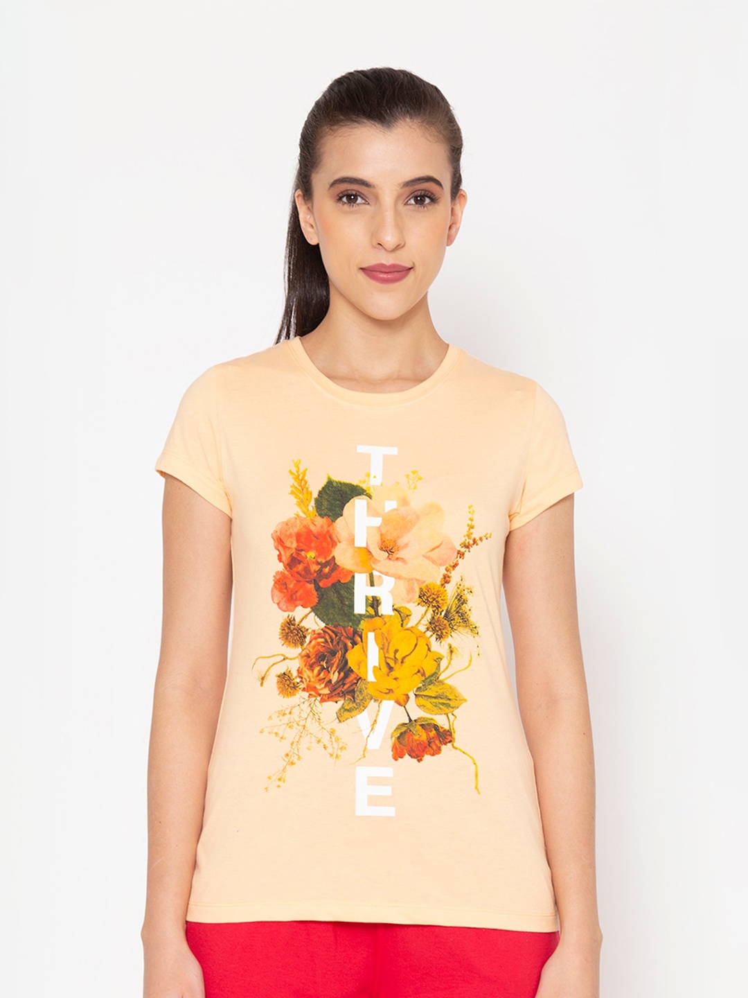 

BODYACTIVE Women Peach-Coloured & Yellow Floral Printed Slim Fit T-shirt