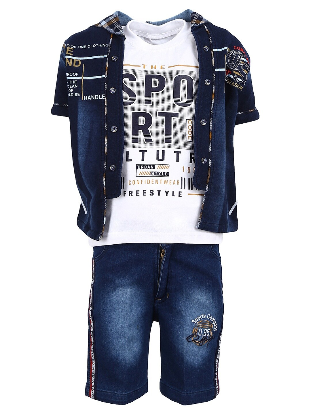 

V-Mart Boys Navy Blue & Navy Blue Printed T-shirt and Denim Shirt with Shorts