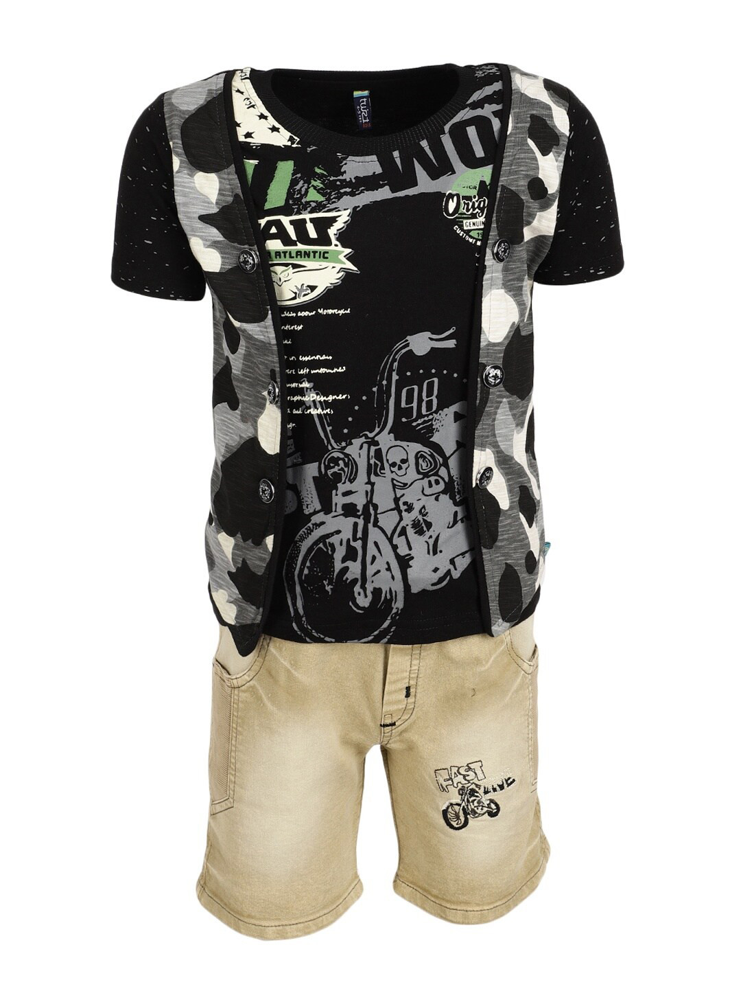 

V-Mart Unisex Kids Black & Beige Printed T-shirt with Shorts