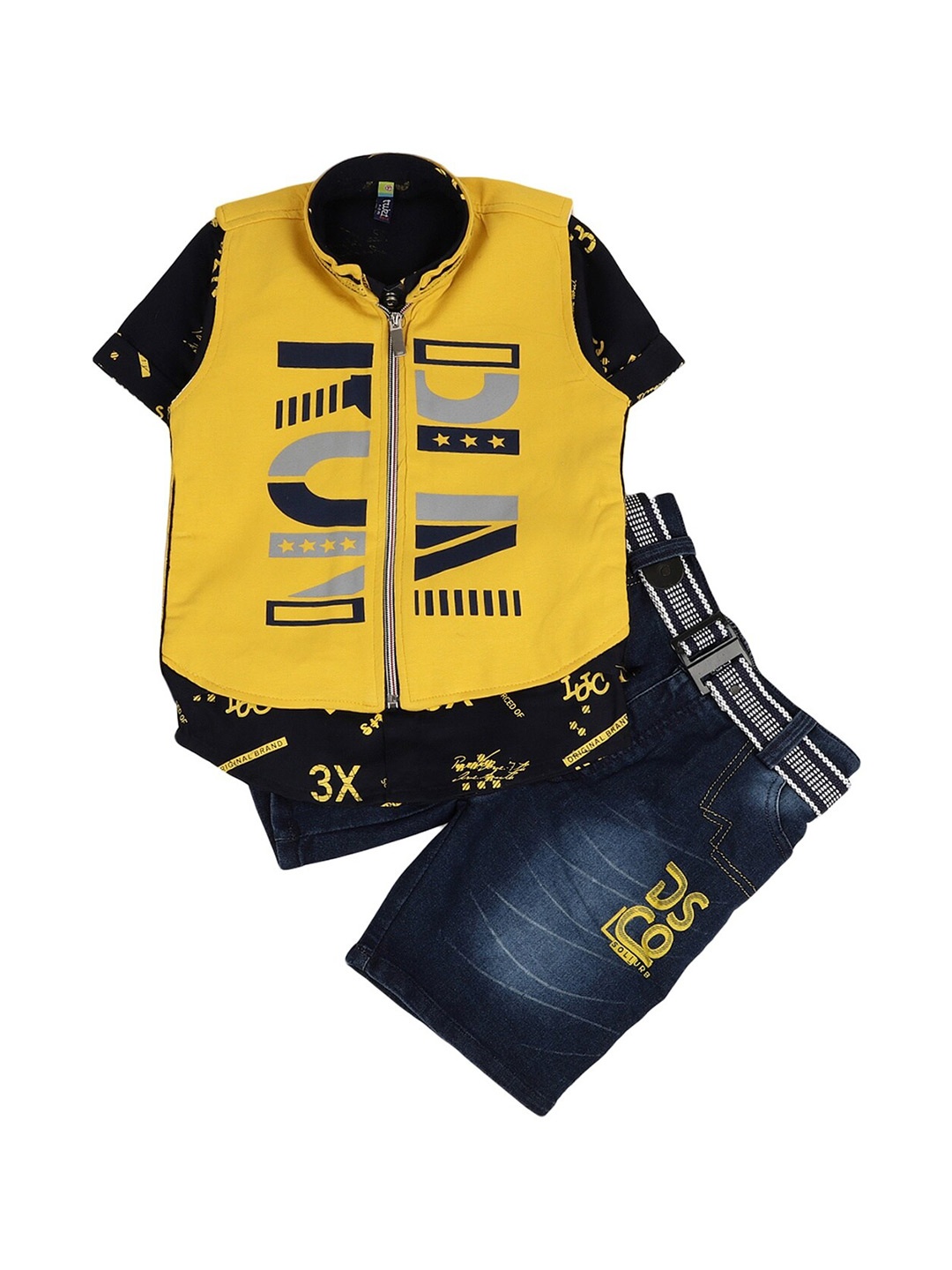 

V-Mart Boys Navy Blue & Yellow Printed T-shirt with Shorts