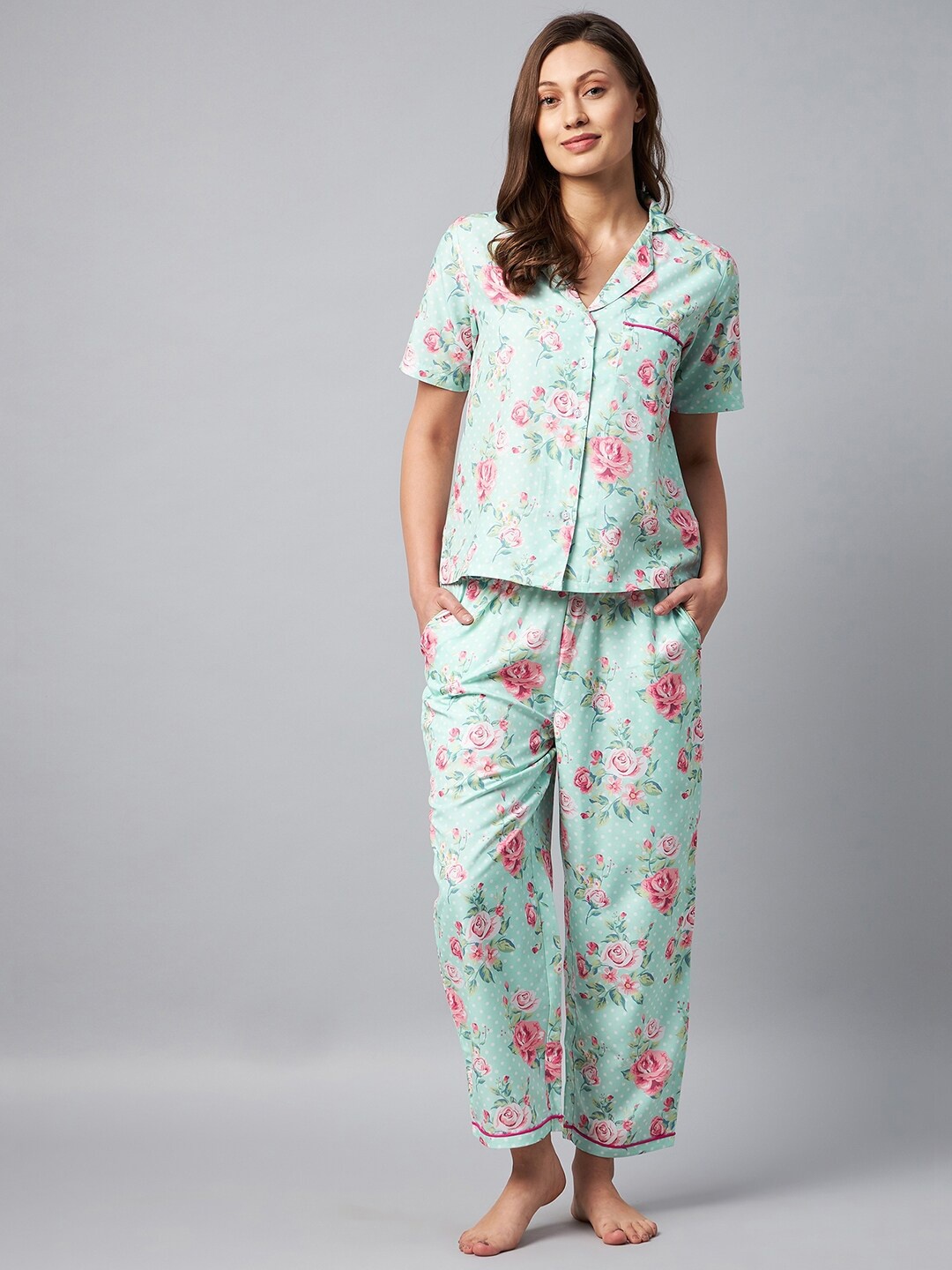 

Orchid Blues Women Green & Pink Printed Night suit